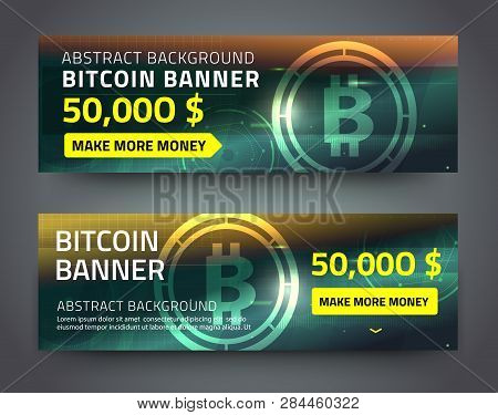 Cosmic Hud Sci-fi Interface Vector Abstract Bitcoin Banner Set. Cryptocurrency Mining