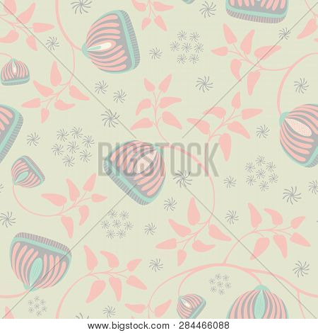 Vector Soft Floral And Leaf Seamless Repeat Pattern Background.