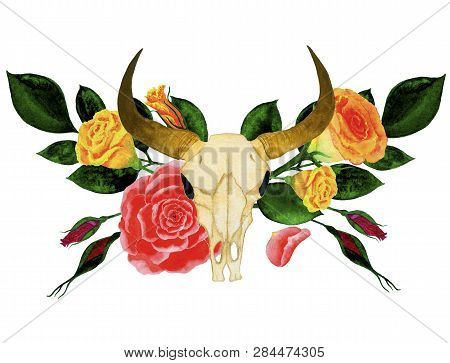 Watercolor Frame Of Flowers And Leaves Of Roses With A Petal And A Skull Of A Bull