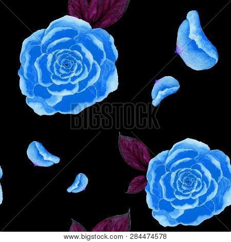 Seamless Illustration Of Watercolor Red Roses And Leaves Of Roses On A Dark Background.