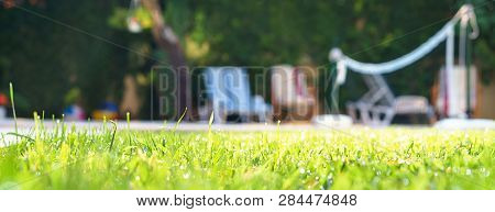 Selective Focus On Green Grass With Water Drops As Dew And Bokeh Background On The House Yard With S