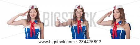 Young airhostess saluting isolated on white