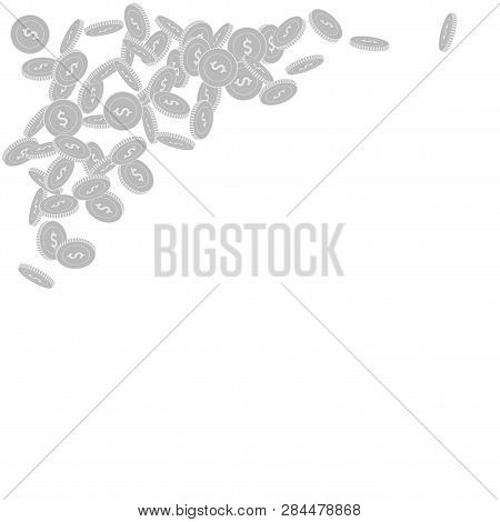 American Dollar Coins Falling. Scattered Black And White Usd Small Coins. Jackpot Or Success Concept
