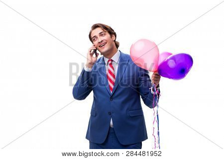 Elegant businessman with balloons isolated on white