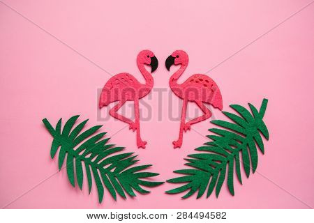 Flamingos And Leaves On A Pink Background. Summer Design.