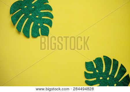 Monstera Leaves On A Yellow Background In Minimal Style. In The Middle There Is A Place For Text.