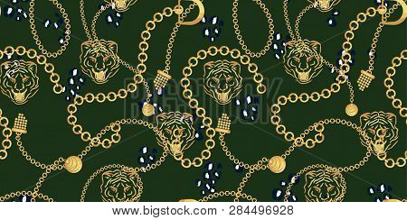 Tiger Head And Gold Chains Green Pattern Fashion Wild Vector Design. Jewelry Pendants Accessories Se