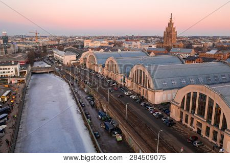 Riga, Latvia. February 10, 2019. Aerial View From Drone On Riga Central Market Located In The City C