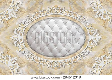 3d Ceiling Murals Wallpaper, Stucco Molding On Marble Background. 3d Ceiling, White Decor Frame, Eff