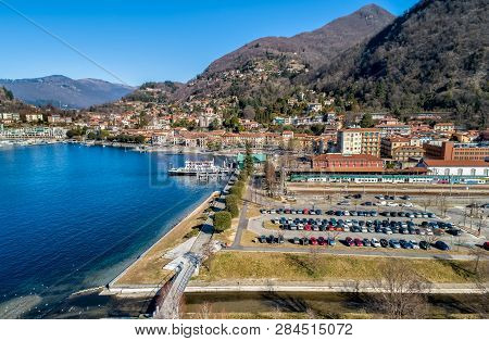 Aerial View Of Laveno Mombello On The Coast Of Lake Maggiore, Province Of Varese, Italy