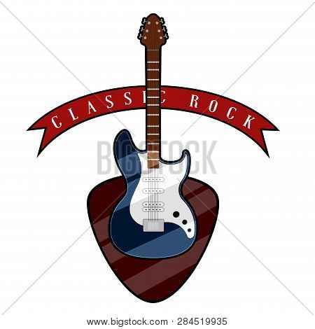 Electric Guitar With A Pick Guitar And Ribbon. Classic Rock Music Style. Vector Illustration Design