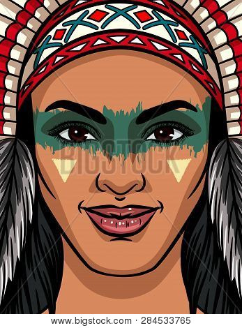 Color Vector Illustration Of A Girl Face From An Indian Tribe. Bright Face Makeup And Traditional He
