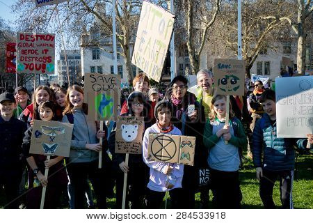 London, Uk, United Kingdom 15th February 2019:- Striking School Aged Children In Central London Over