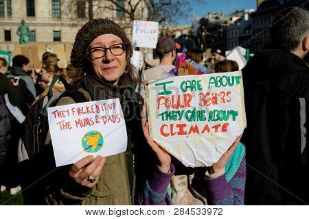 London, Uk, United Kingdom 15th February 2019:- Striking School Aged Children And An Adult In Centra