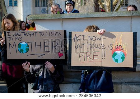 London, Uk, United Kingdom 15th February 2019:- Striking School Aged Children In Central London Over