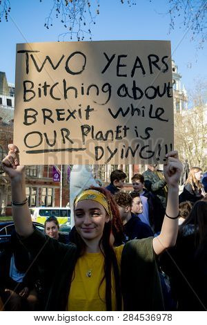 London, Uk, United Kingdom 15th February 2019:- Striking School Aged Children In Central London Over
