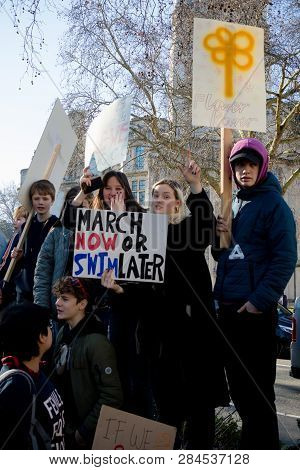 London, Uk, United Kingdom 15th February 2019:- Striking School Aged Children In Central London Over