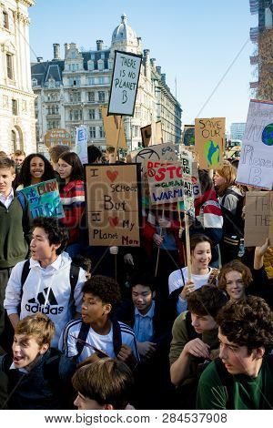 London, Uk, United Kingdom 15th February 2019:- Striking School Aged Children In Central London Over
