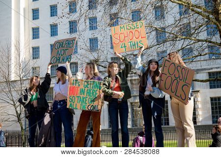 London, Uk, United Kingdom 15th February 2019:- Striking School Aged Children In Central London Over