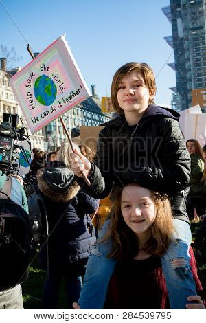 London, Uk, United Kingdom 15th February 2019:- Striking School Aged Children In Central London Over