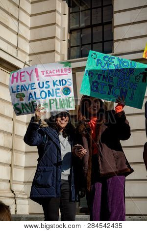London, Uk, United Kingdom 15th February 2019:- Striking School Aged Children In Central London Over