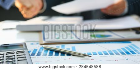 Businessman In Sut Hand Shake In Ofiice Closeup. Introduce Manager Job Man Risk Chart Paper How Deal