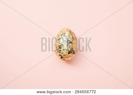 Easter Decorated With Golden Potal Egg On Pastel Pink Background. Minimal Easter Concept. Happy East