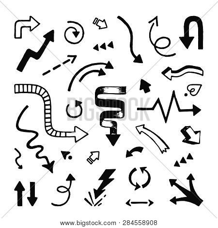 Arrows Hand Drawn. Doodle Sketchy Line Arrow Pointers And Direction Scribble Vector Isolated Symbols