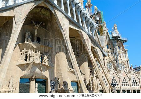 Barcelona, Spain - September 13, 2018: Fragment Of Famous Expiatory Church Of Holy Family (sagrada F