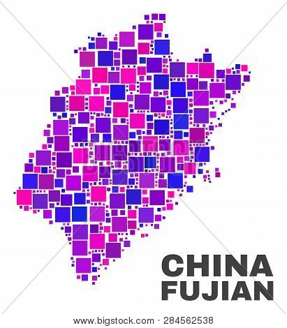 Mosaic Fujian Province Map Isolated On A White Background. Vector Geographic Abstraction In Pink And
