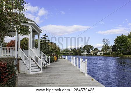 Gazebo On The Erie Canal At Spencerport, Ny In Autumn