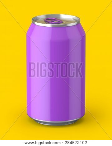 3d Rendered Glossy Purple Aluminium Can On A Yellow Background.