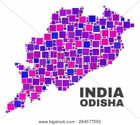Mosaic Odisha State Map Isolated On A White Background. Vector Geographic Abstraction In Pink And Vi