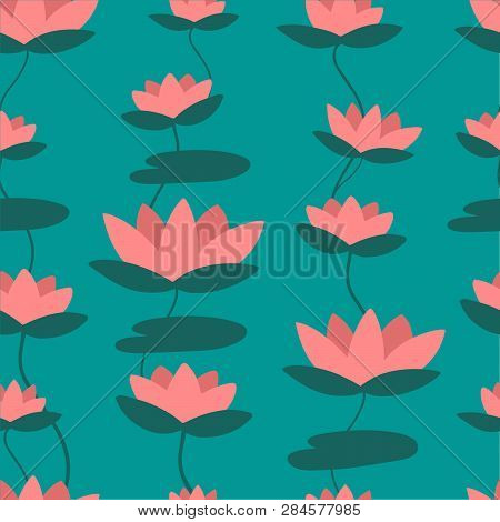 Seamless Pattern With Simple Flowers Of Lotus In Water, Lake Or Pond. Backdrop With Water Lily. Beau