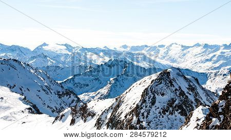 Alps In Winter Day, Austria, Stubai, Stubaier Gletscher Ski Resort. Beautiful Mountain View.