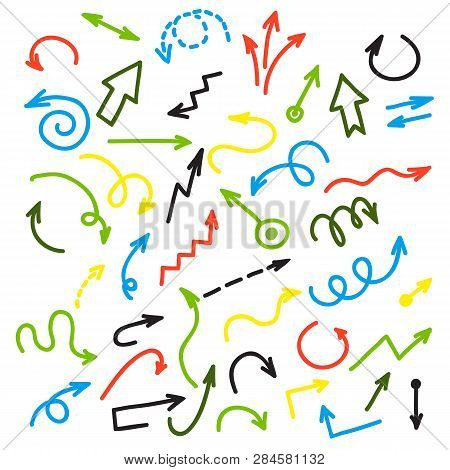 Ink Colorful Arrows. Vector Color Group Of Drawing Arrow On White Background