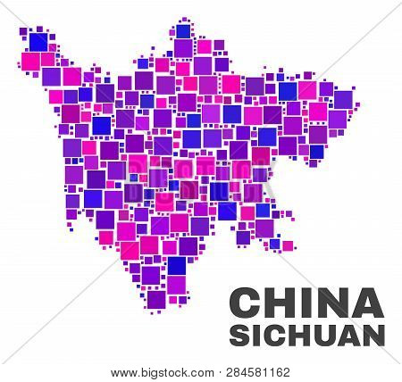 Mosaic Sichuan Province Map Isolated On A White Background. Vector Geographic Abstraction In Pink An