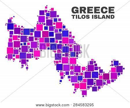 Mosaic Tilos Island Map Isolated On A White Background. Vector Geographic Abstraction In Pink And Vi