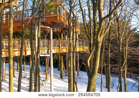 Pustevny, Czech Republic, February 16, 2019: Undefined Tourists Watching Nature And Walking On A New