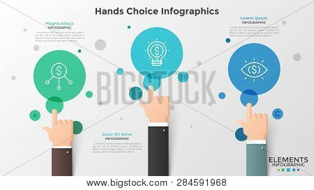 Three Hands With Index Finger Pointing At Translucent Circles With Linear Icons Inside. Concept Of 3