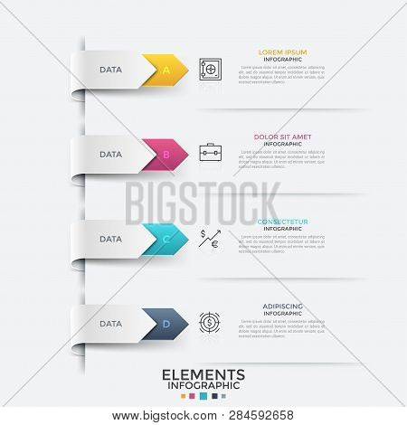 Four Tape-like Arrows Or Poiners, Linear Icons And Text Boxes Placed. Concept Of Business Process Wi