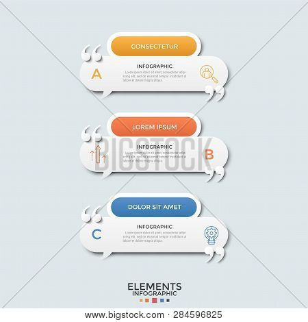 Set Of 3 Rounded Speech Bubbles Or Balloons With Linear Icons, Letters, Place For Title And Text Ins
