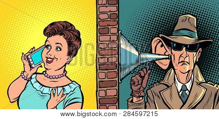 State Wiretapping Conversations, Spy Listens To Conversation On The Phone. Comic Cartoon Pop Art Ret
