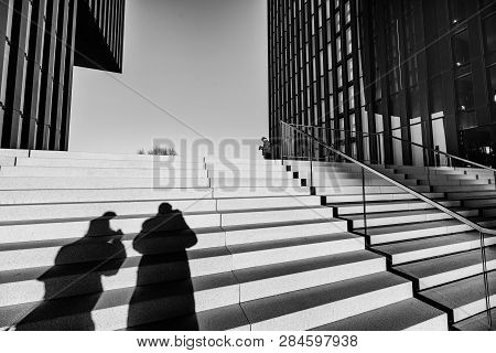 Duesseldorf, Germany - January 20, 2019: Modern Architecture Of New Harbour City Throws Long And Dra