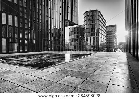 Duesseldorf, Germany - January 20, 2019: Modern Architecture Of New Harbour City Throws Long And Dra