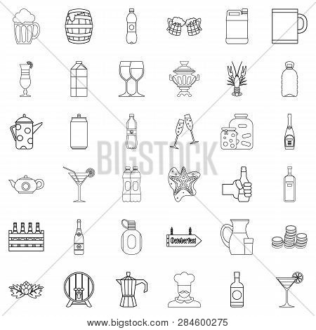 Alcoholic Drink Icons Set. Outline Style Of 36 Alcoholic Drink Icons For Web Isolated On White Backg