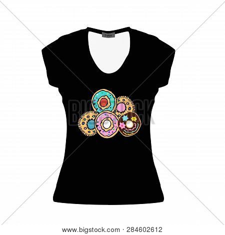 Black Women T-shirt With Multi-colored Donuts Hanukkah Donuts. Doodle. Draw Hand. Mockup. Vector Ill