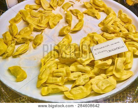 Homemade Casoncelli Meat Fillings For Sale In A Shop. Fresh Stuffed Pasta Typical Of The Culinary Tr