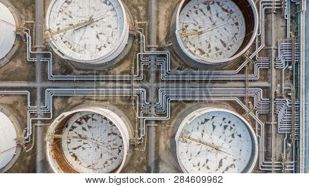 Tank Farm Or Oil Terminal For Storage Of Oil And Petrochemical Products, Aerial View.