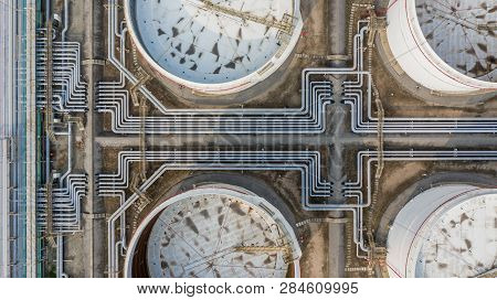 Tank Farm Or Oil Terminal For Storage Of Oil And Petrochemical Products, Aerial View.